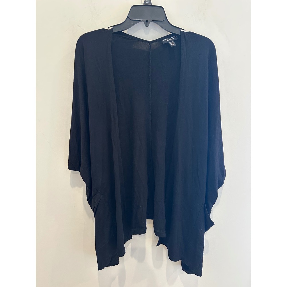 Susan Graver Weekend Black Open Front Cardigan Dolman Sleeve Pockets Large